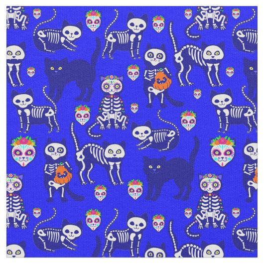 Halloween kattenschedel skelet blauw stof (Close Up)