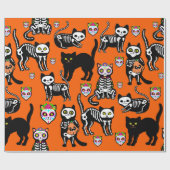Halloween kattenschedel skelet sinaasappel cadeaupapier (Vlak)