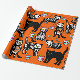 Halloween kattenschedel skelet sinaasappel cadeaupapier