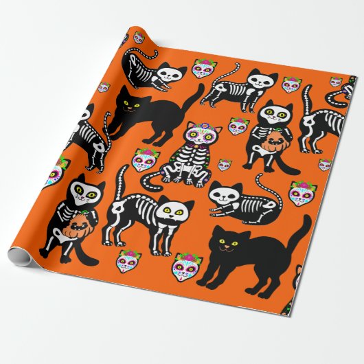 Halloween kattenschedel skelet sinaasappel cadeaupapier (Uitgerold)