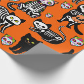 Halloween kattenschedel skelet sinaasappel cadeaupapier (Hoek)