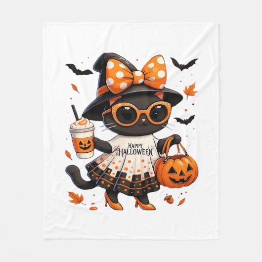 Halloween Kawaii Cat – Heksenkat met pompoen en Fleece Deken (Voorkant)