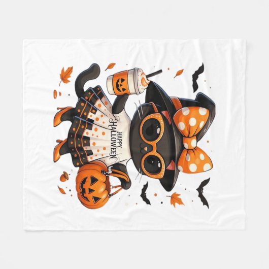 Halloween Kawaii Cat – Heksenkat met pompoen en Fleece Deken (Voorkant (Horizontaal))