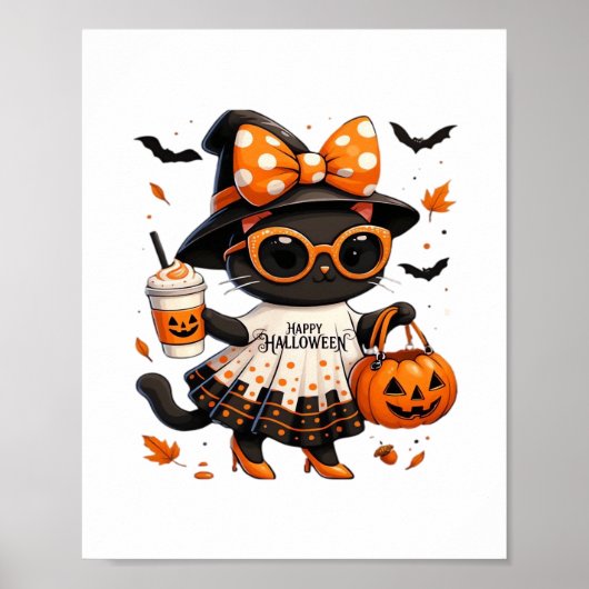 Halloween Kawaii Cat – Heksenkat met pompoen en Poster (Voorkant)