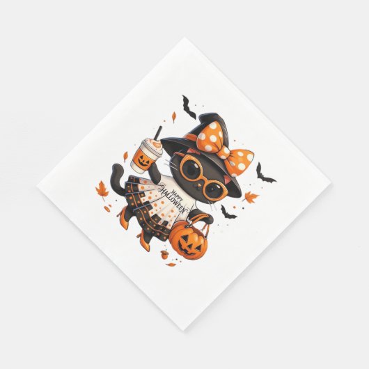 Halloween Kawaii Cat – Heksenkat met pompoen en Servet (Hoek)