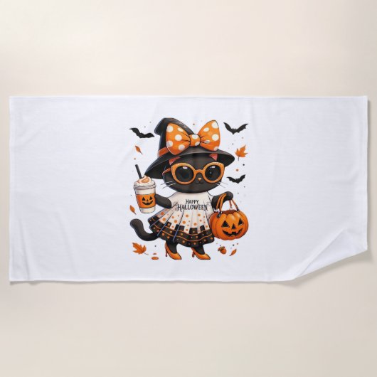Halloween Kawaii Cat – Heksenkat met pompoen en Strandlaken (Voorkant)