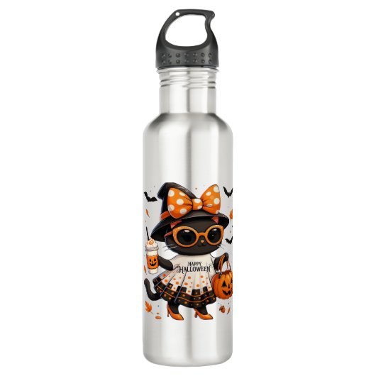 Halloween Kawaii Cat – Heksenkat met pompoen en Waterfles (Voorkant)