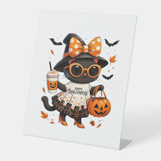 Halloween Kawaii Cat � Witch Cat with Pumpkin and  Reclamebord Met Voetstuk