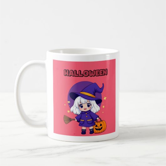 Halloween Kawaii Witch Mug – White Hair Broom 11oz Koffiemok (Links)