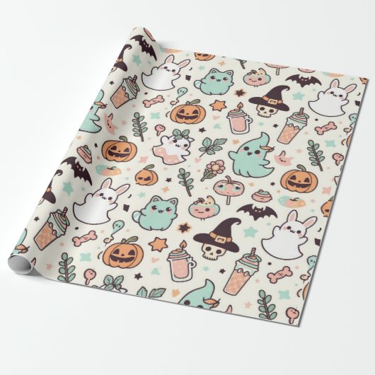 Halloween Kawii Pastel Cadeaupapier (Uitgerold)