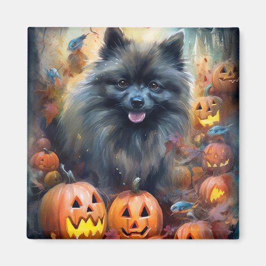 Halloween Keeshond met pompoenen eng Magneet (Voorkant)
