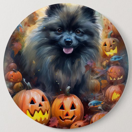 Halloween Keeshond Met Pompoenen Eng Ronde Button 6,0 Cm (Voorkant)
