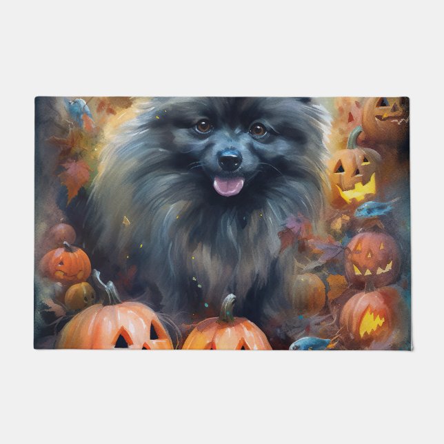 Halloween Keeshond met Pumpkins Scary Deurmat (Voorkant)