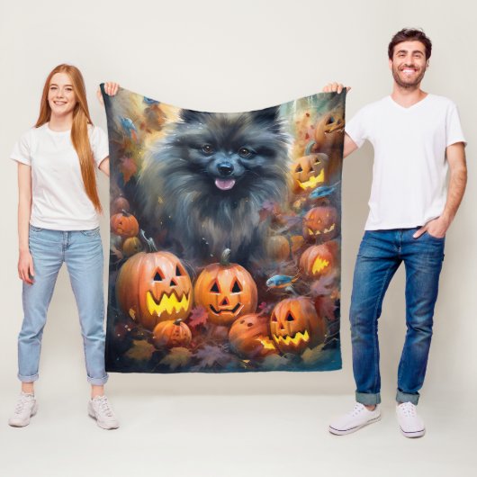Halloween Keeshond met Pumpkins Scary Fleece Deken (In situ)