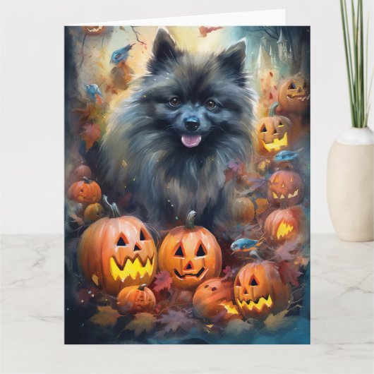 Halloween Keeshond met Pumpkins Scary Kaart (Voorkant)