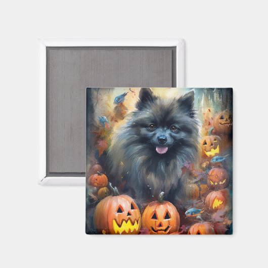 Halloween Keeshond met Pumpkins Scary Magneet (Voorkant / Achterkant)