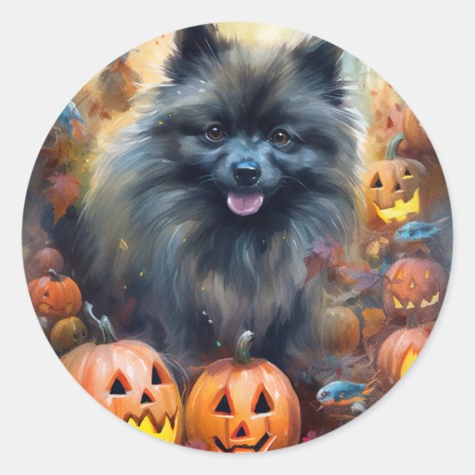 Halloween Keeshond met Pumpkins Scary Ronde Sticker (Voorkant)