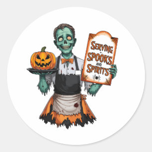 Halloween-kelner die spoken en geesten bedient ronde sticker