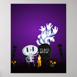 Halloween Kerkhof Griezelig Schattig Skelet & Gees Poster