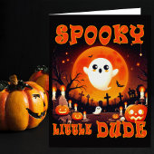 Halloween-kerkhof met schattige geest en gigantisc bedankkaart