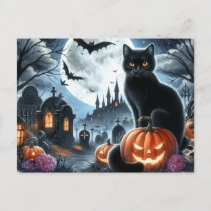 Halloween Kerkhof met Zwarte Kat Ansichtkaart Briefkaart