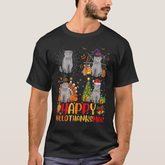 Halloween Kerstfeest Schotse Vold Cat Halodankh T-shirt (Voorkant)