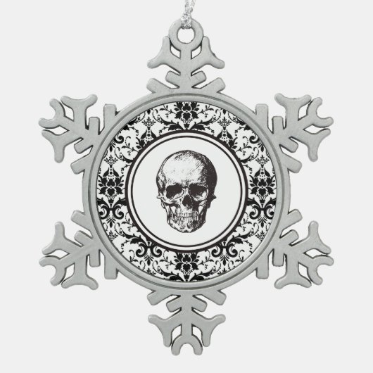 HALLOWEEN KERSTMIS Zwart Damast Patroon Schedel Tin Sneeuwvlok Ornament (Voorkant)