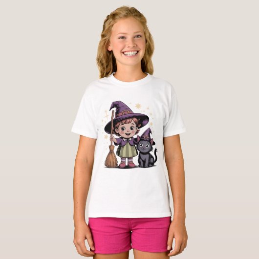Halloween Kids Witch Girl Cat T-Shirt (Voorkant volledig)