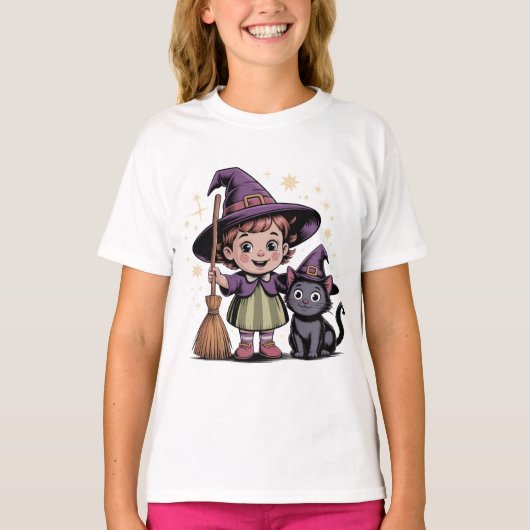 Halloween Kids Witch Girl Cat T-Shirt (Voorkant)