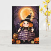 Halloween kind heks illustratie kaart (Gele Bloem)