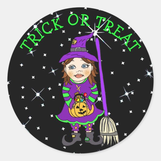 Halloween Kind Witch Costume Sterrennacht Ronde Sticker (Voorkant)