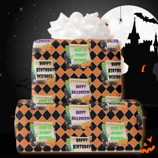 Halloween Kinder naam Frankenstein Verjaardag Cust Cadeaupapier
