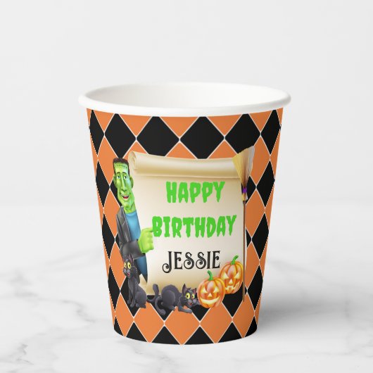 Halloween Kinder naam Frankenstein Verjaardag Cust Papieren Bekers (Voorkant)