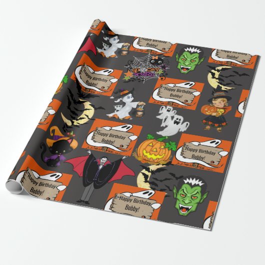 Halloween Kinder naam Kind Verjaardag Personaliser Cadeaupapier (Uitgerold)