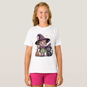 Halloween Kinderen Heks Meisje Kat T-Shirt