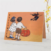 Halloween Kinderen Heks Pompoen Kaart (Gele Bloem)