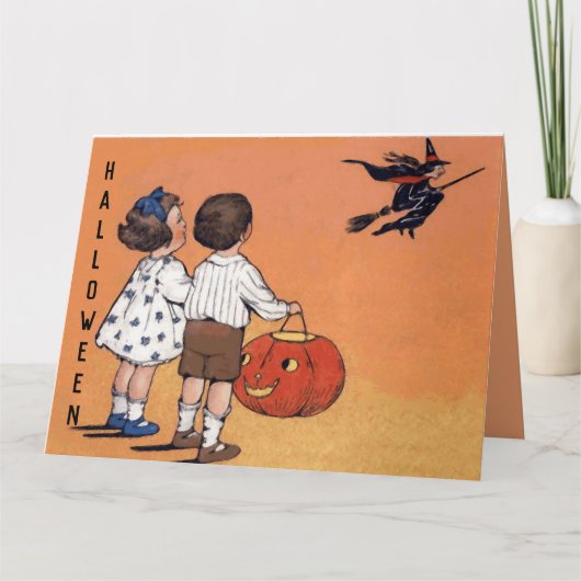 Halloween Kinderen Heks Pompoen Kaart (Voorkant)
