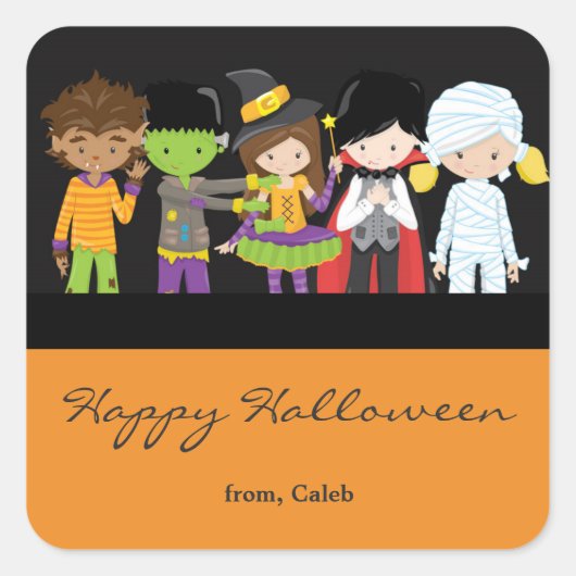 Halloween-kinderen in kostuum leuk feeststicker vierkante sticker (Voorkant)