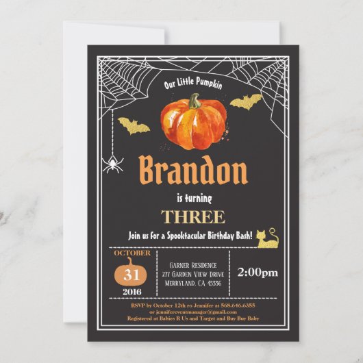 Halloween kinderen verjaardagsuitnodiging. Zwart e Kaart (Voorkant)