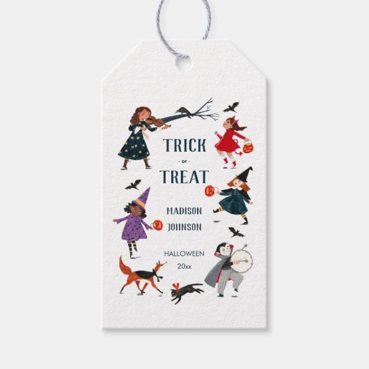Halloween kinderkostuumoptocht cadeaulabel (Voorkant)