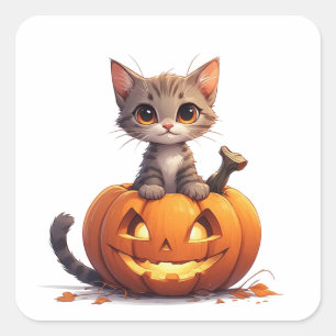 Halloween Kitten die uit Pompoen Decor kijkt 🎃 Vierkante Sticker