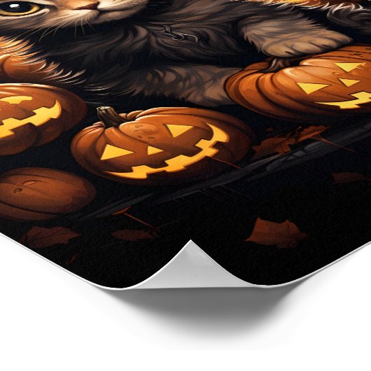 Halloween kitten heks met bladeren en pompoenen poster (Hoek)
