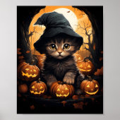 Halloween kitten heks met bladeren en pompoenen poster (Voorkant)