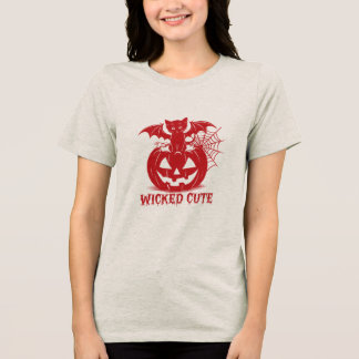 Halloween Kitten met Bat Wings Pumpkin T Shirt