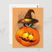 Halloween Kitty Witch and Pumpkin Friend Postcard Briefkaart (Voorkant / Achterkant)