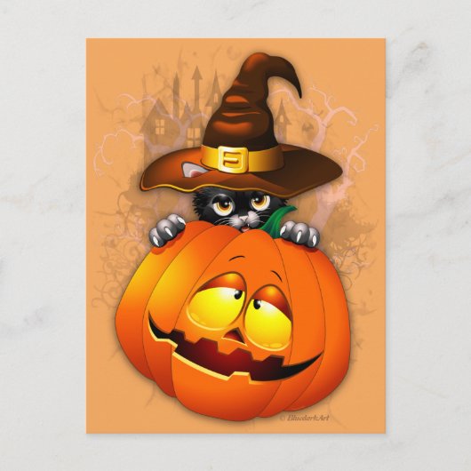 Halloween Kitty Witch and Pumpkin Friend Postcard Briefkaart (Voorkant)