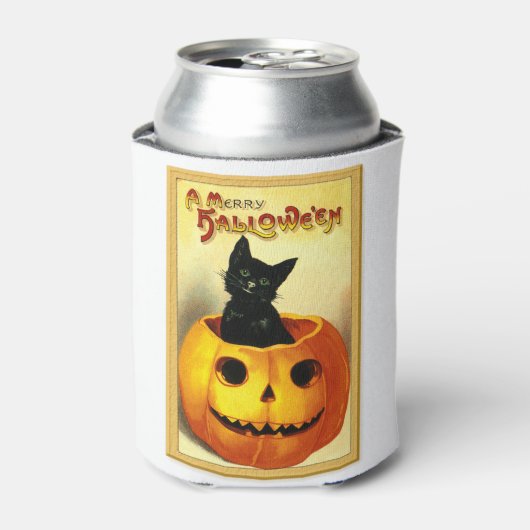 Halloween Kitty zit in Jack O Lantern Blikjeskoeler (Blikje Voorkant)