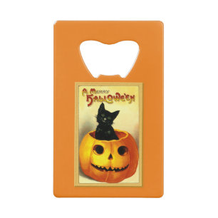 Halloween Kitty zit in Jack O Lantern Creditkaart Flessenopener