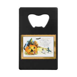 Halloween Kitty zit in Jack O Lantern Creditkaart Flessenopener