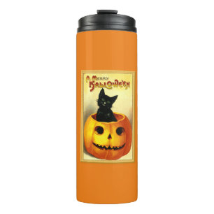 Halloween Kitty zittend in Jack O Lantern Thermosbeker